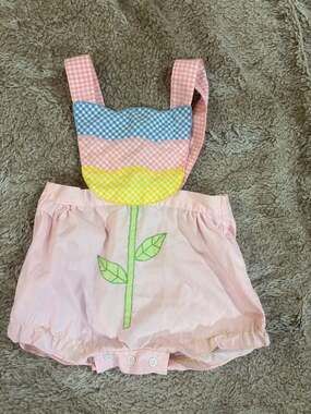 Vintage Kmart Pink Floral Embroidered Gingham Bib Dress Baby Girl Romper
